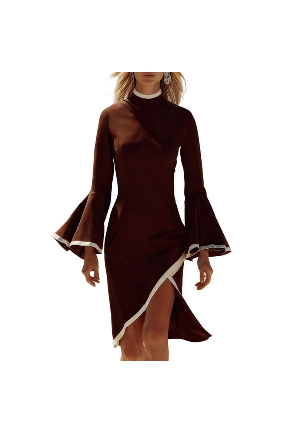 Asymmetrical Hem Elegant Suede Dresses for Women Bell Sleeve Turtleneck Party Cocktail Wedding Guest Midi Dress
