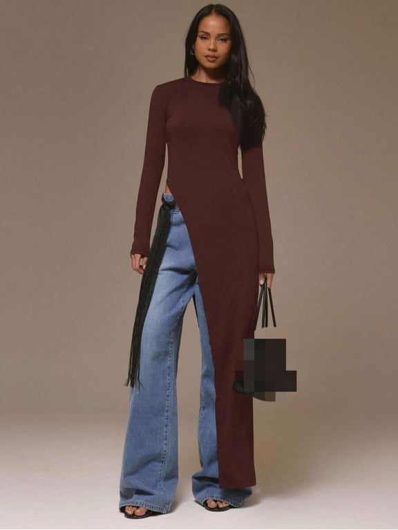 Asymmetrical Hem Long Sleeve Top for Women Fitted Maxi Side Slit Diagonal Cut Crew Neck Pullover Streetwear