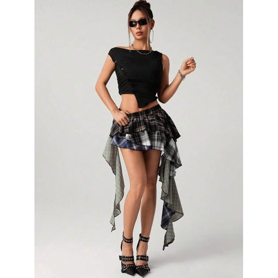 Asymmetrical Hem Plaid Patchwork Skirt In Black And White