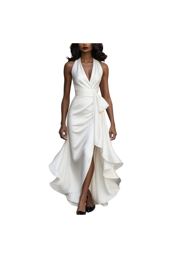 Asymmetrical Hem Slip Dress, Sleeveless V-Neck Maxi or Mini Dress, Modern and Artistic Dress for Summer Parties, Vacations, and Photo Shoots. White XL