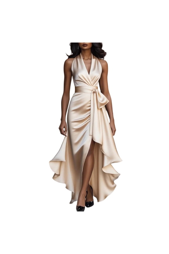 Asymmetrical Hem Slip Dress, Sleeveless V-Neck Maxi or Mini Dress, Modern and Artistic Dress for Summer Parties, Vacations, and Photo Shoots. Beige L