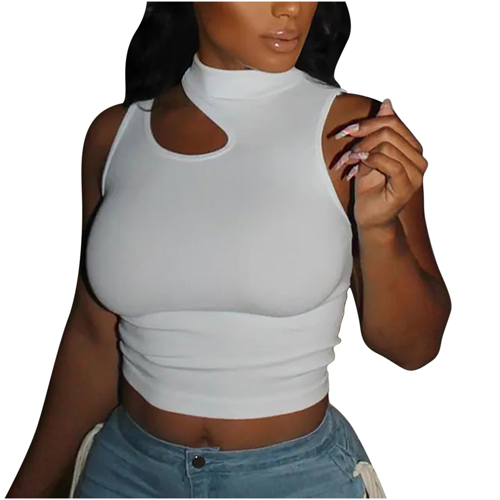 Asymmetrical High Neck Tank Top for Women Designer Cutout Sleeveless Crop Tops Summer Fitted Ribbed Tank Crop Top Walmart