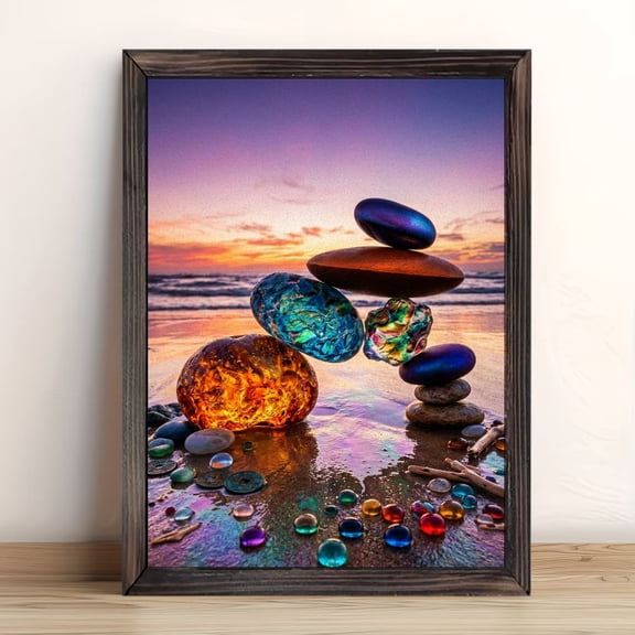 Asymmetrical Iridescent Polished Stone Balance Stack Ocean Twilight Colorful Glossy Beads Framed Wall Art, Solid Wood Frame Relaxing Seaside Chakra Mineral Art Print for Entryway Bathroom, 12x16in