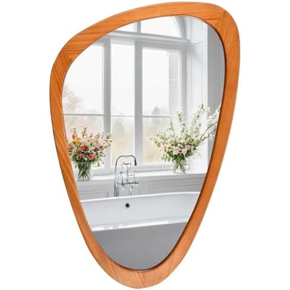 Asymmetrical Irregular Wall Mirror 30.5" x 19.5"  Solid Wood Frame Mid Century Modern Decor, Organic Pebble Shaped HD Glass for Bathroom Vanity, Bedroom, Living Room & Entryway (Teak Finish)