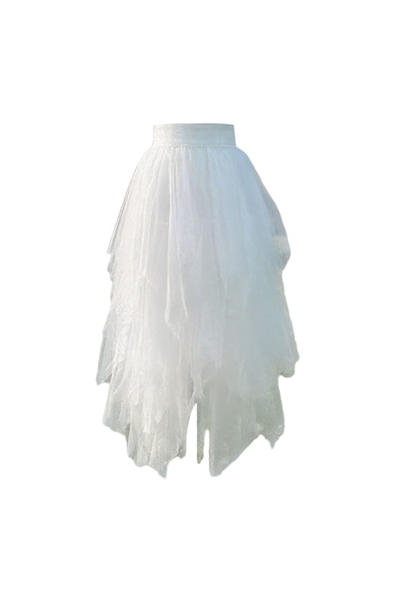 Asymmetrical Layered Midi Skirt, High Waist Elastic Stretch, Flowy Tulle Tutu A-Line Party Wear Fashionable Design
