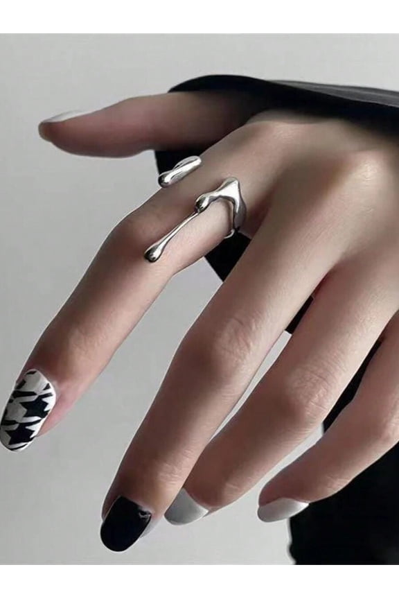 Asymmetrical Liquid Lava Droplet Open Ring In Silvertone, Unisex Fashion Jewelry