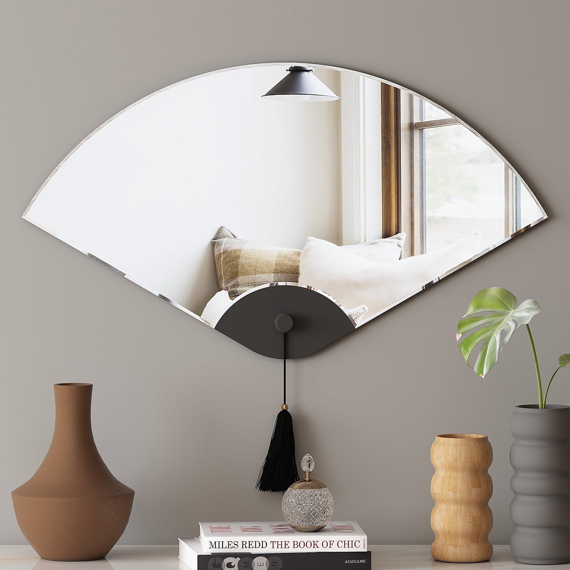 Asymmetrical Mirror, Irregular Fan Shaped Decorative Mirror Black Mirror with Tassel Pendant Wall Mirror Accent Decor for Living Room