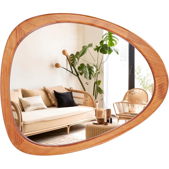 Asymmetrical Mirror, Irregular Wall Mirror for Bathroom, Bedroom, Living Room, Entryway, Hall - Walnut Wood Framed 23" H x 19" W