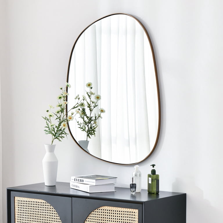 Asymmetrical Wall Mirror With Brass Frame – 27x35 Inch Modern Decor Mirror For Living Room, Bedroom, Entryway