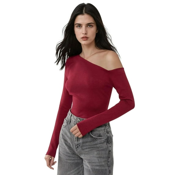 Asymmetrical Neck Long Sleeve Slim Fit Top