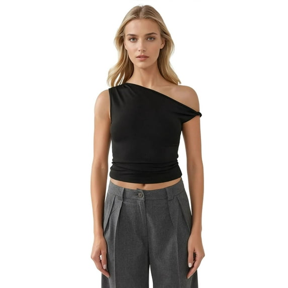 Asymmetrical Neck Off-Shoulder Slim Fit Top