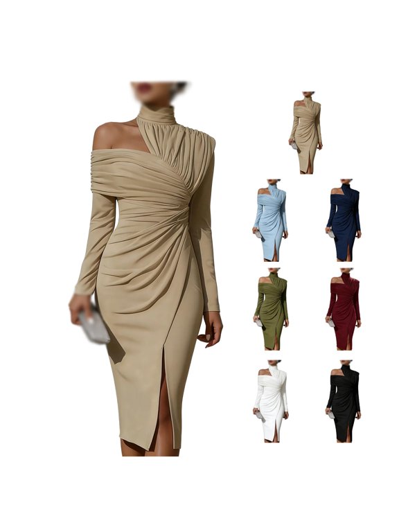 Asymmetrical One Shoulder Bodycon Midi Dress for Women, Ruched Long Sleeve Dress with Side Slit for Cocktail, Dinner Dates
