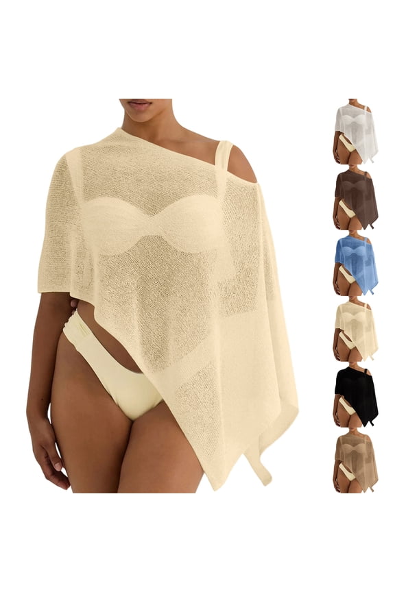 Asymmetrical Open Knit Poncho for Women, Sheer Mesh One-Shoulder Cover Up - Boho Beach Tunic Top Khaki