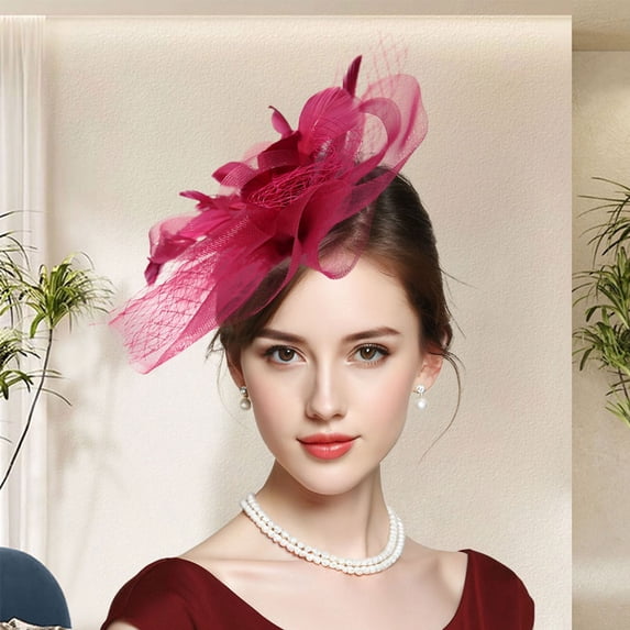Asymmetrical Organza Fascinator with Feather Accents & Birdcage Veil for Wedding Derby Church Tea Party Formal Side Clip Headpiece