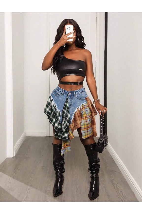 Asymmetrical Patchwork Denim Mini Skirt Medium Wash Low Waist A-Line