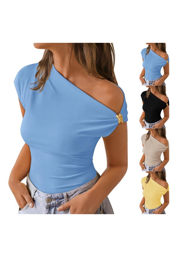 Asymmetrical Ruched Sleeveless Tops for Women One Shoulder Cap Sleeve Tank Top Slim Fit Stretchy Form Fitting Tee, #03 Blue, XL