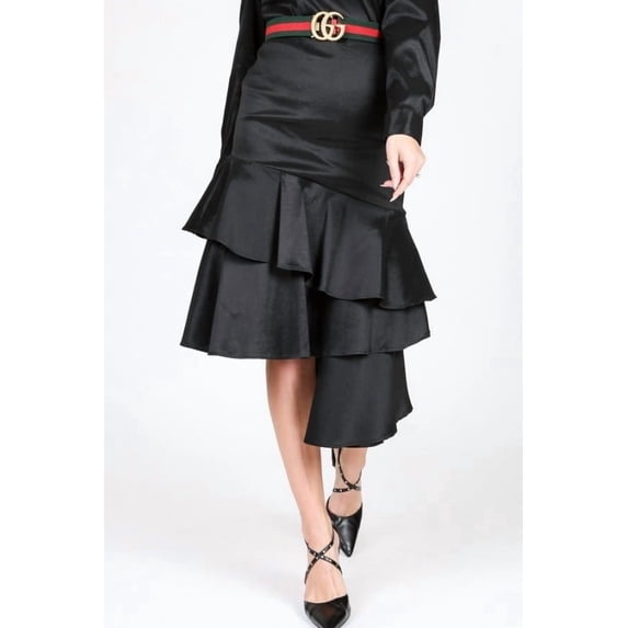 Asymmetrical Ruffle Bottom Satin Skirt - Deep Plum, M