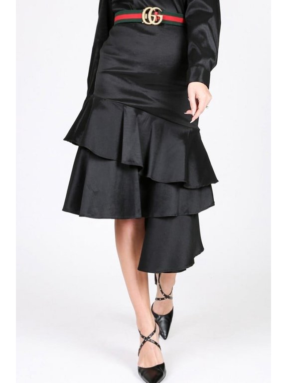 Asymmetrical Ruffle Bottom Satin Skirt S