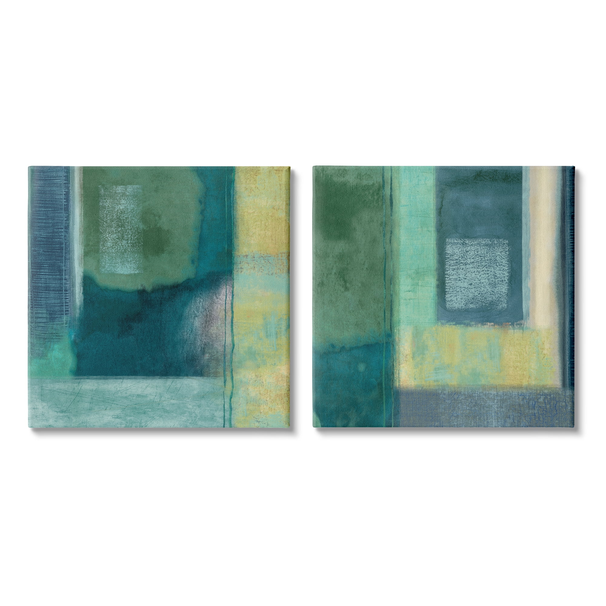 Asymmetrical Abstract Blue Green Yellow Canvas Wall Art Set, 17x17