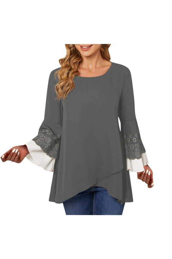 Asymmetrical Split Hem Tunic Tops for Women Hollow Layered Long Sleeve Loose Blouses Dressy Casual T-Shirts