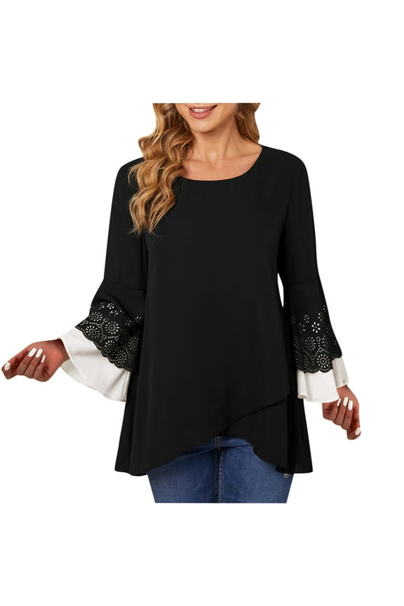 Asymmetrical Split Hem Tunic Tops for Women Hollow Layered Long Sleeve Loose Blouses Dressy Casual T-Shirts