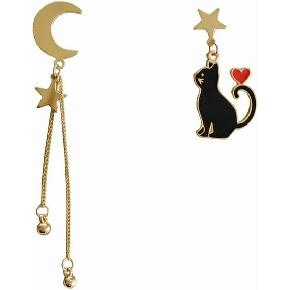Asymmetrical Star Moon Cat Dangle Drop Earrings for Women Gold-Toned Cute Cartoon Kitten Ball Tassel Dangling Stud Earring Celestial Starles Studs Lovely Jewelry for Halloween Pet Lover