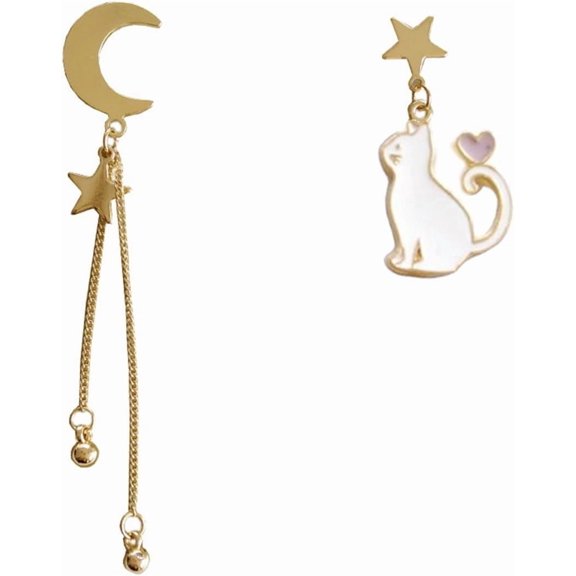 Asymmetrical Star Moon Cat Dangle Drop Earrings for Women Gold-Toned Cute Cartoon Kitten Ball Tassel Dangling Stud Earring Celestial Starles Studs Lovely Jewelry for Halloween Pet Lover
