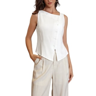 INSPIRE CHIC Women's Back to School Asymmetrical Sleeveless Tank Top Button Down Lightweight Summer Top White S