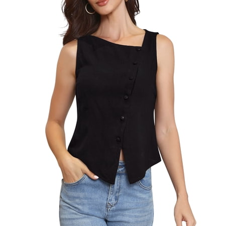 INSPIRE CHIC Women's Back to School Asymmetrical Sleeveless Tank Top Button Down Lightweight Summer Top Black XL