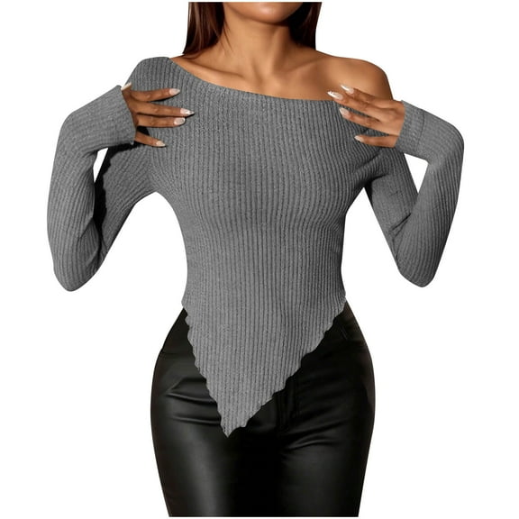 Asymmetrical Tops for Women Long Sleeve Knit Slim Fit Base Sweater Off Shoulder Sexy Solid Pullover Y2k Clothes (L, Dark Gray)