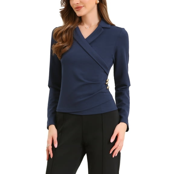 Asymmetrical Tops for Women Notched Collar Long Sleeves Button Blouse M Dark Blue