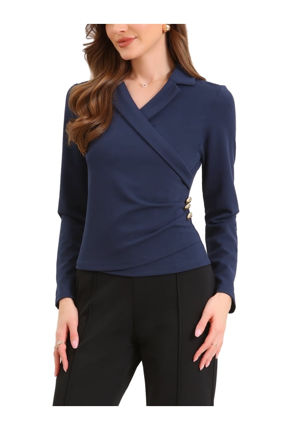 Asymmetrical Tops for Women Notched Collar Long Sleeves Button Blouse M Dark Blue