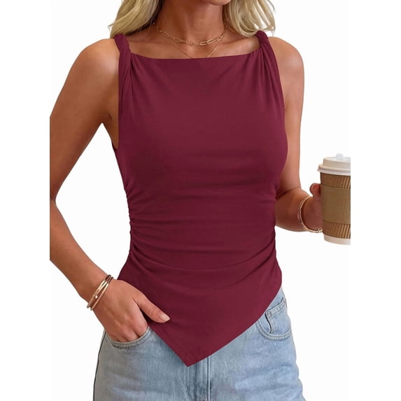 Asymmetrical Tops for Women Sleeveless Twist Straps Slim Fit Y2K Ruched Tank Shirts Going Out Top Deep Red L