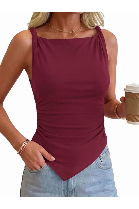 Asymmetrical Tops for Women Sleeveless Twist Straps Slim Fit Y2K Ruched Tank Shirts Going Out Top Deep Red S