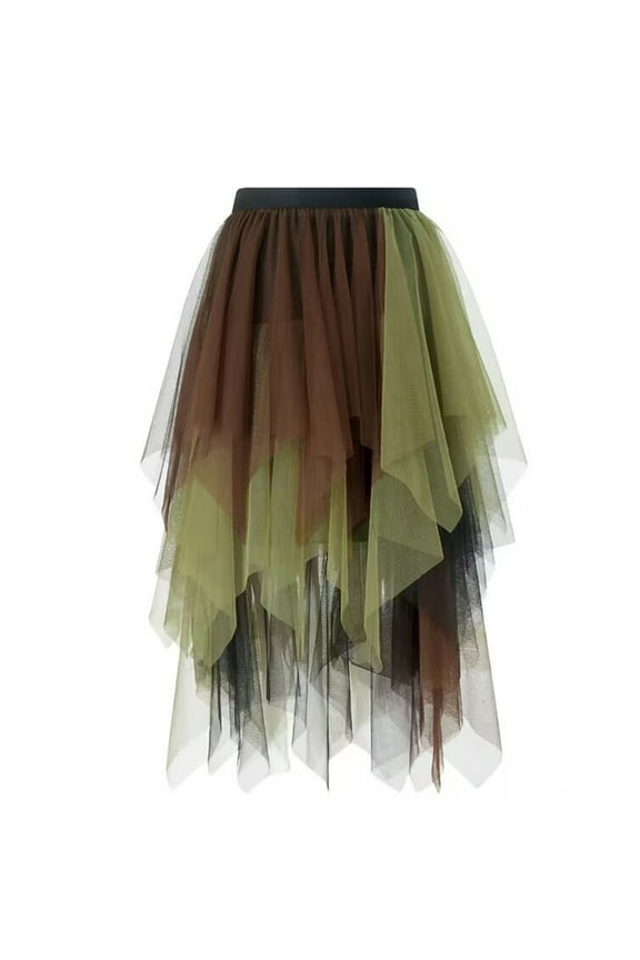 Asymmetrical Tulle Skirts for Women High Waist Layered A-Line Ruffle Pleated High Low Hem Casual Prom Mid Long Skirts