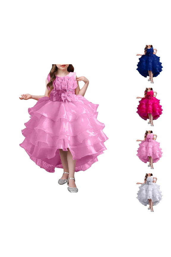 Asymmetrical Tulle Train Dress for Kids – Lace Ball Gown for Flower Girls, Dreamy Wedding Guest Outfit, Whimsical Spin on Pink Dress for Girls Formality