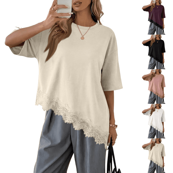 Asymmetrical Tunic Blouse for Women Summer Oversized Lace Trim T Shirts 2026 Casual Half Sleeve Hem Tops Loose Crewneck Beige L