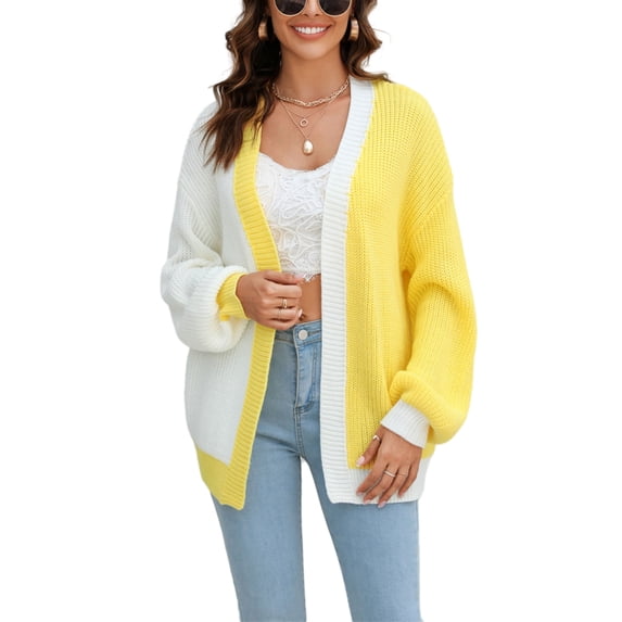 Asymmetrical Vibrant Color Block Cardigan Sweater Thigh Length Long Sleeves for Women Yellow Medium