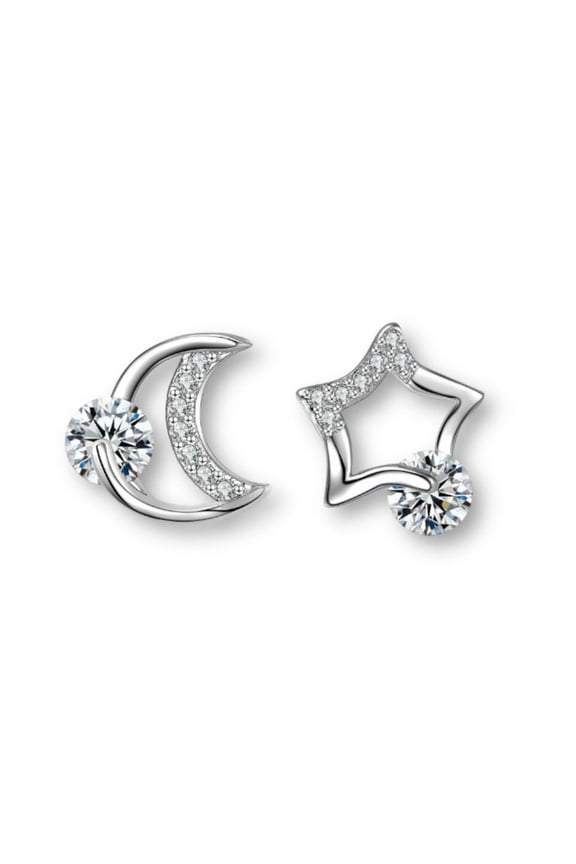 Asymmetry CZ Star and Moon Stud Earrings for Women