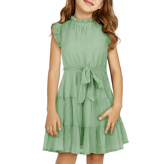 Asyoly Girls Solid Color Midi SunDress Round Neck Sleeveless Ruffle Trim Dress With Belt
