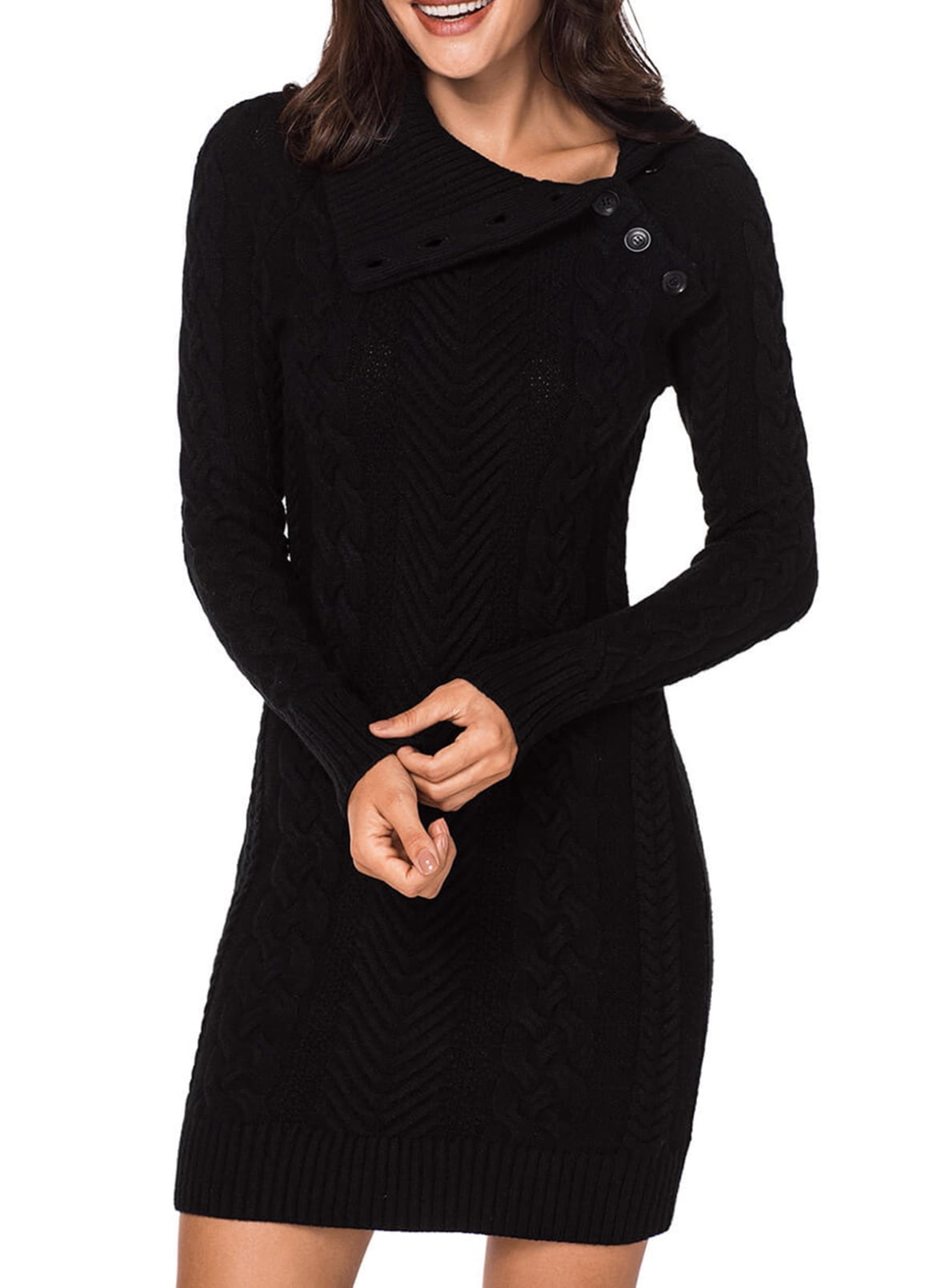 Asyoly Women Asymmetric Neckline Buttoned Cable Knit Sweater Dress Bodycon  Mini Jumper Dress - Walmart.com