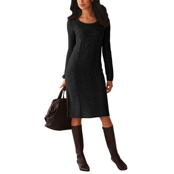 Asyoly Women Cable Knit Pullover Sweater Dress Crewneck Pencil Midi Bodycon Sweaters Dress