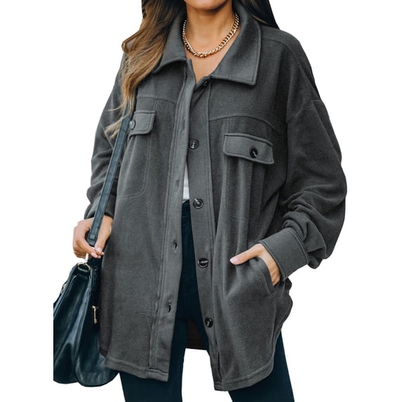Asyoly Women Casual Button Down Shacket Jacket Long Sleeve Solid Color Oversized Trench Pea Coat Coat with Pockets