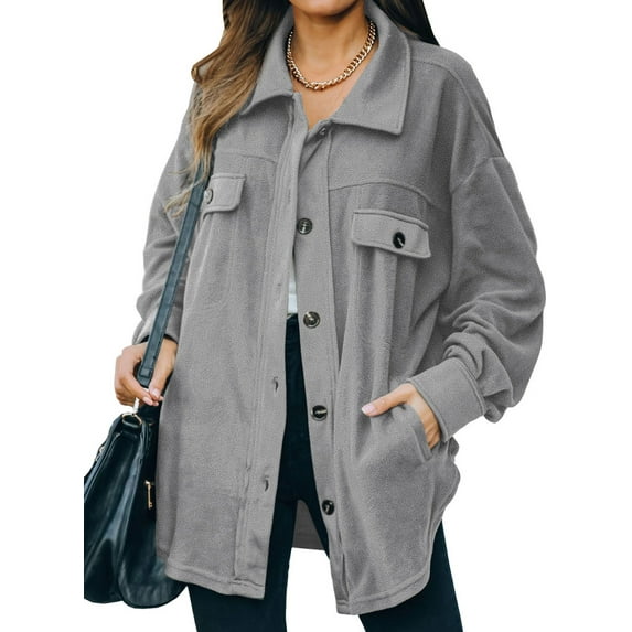 Asyoly Women Casual Button Down Shacket Jacket Long Sleeve Solid Color Oversized Trench Pea Coat Coat with Pockets