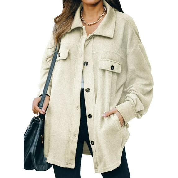 Asyoly Women Casual Button Down Shacket Jacket Long Sleeve Solid Color Oversized Trench Pea Coat Coat with Pockets
