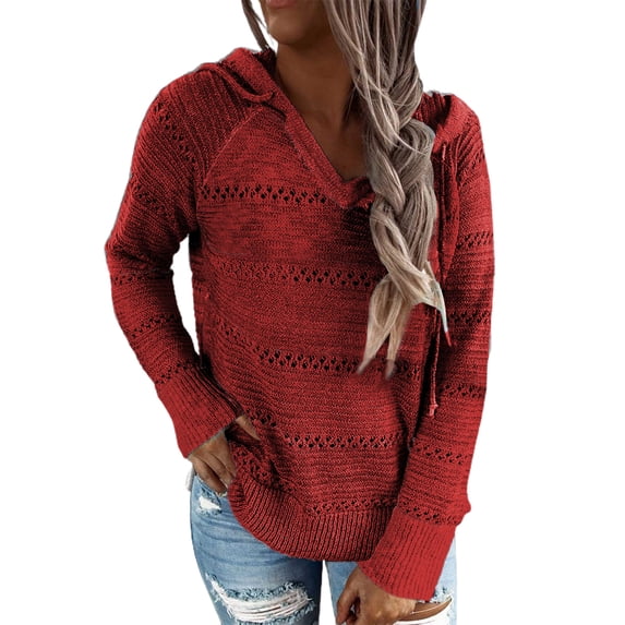 Asyoly Women Color Block Hooded Sweaters Long Sleeve V Neck Drawstring Hoodies Pullover Sweatshirts Casual Loose Jumper Lightweight Knitwear