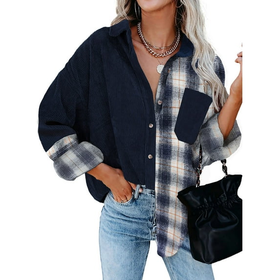 Asyoly Women Corduroy Plaid Shirt Jacket Long Sleeve Button Down Color Block Shacket Jacket Boyfriend Oversized Coat Casual Tops With Pockets