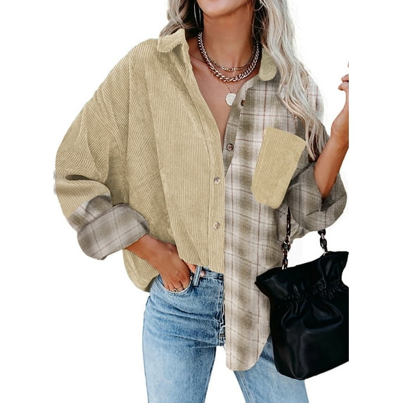 Asyoly Women Corduroy Plaid Shirt Jacket Long Sleeve Button Down Color Block Shacket Jacket Boyfriend Oversized Coat Casual Tops With Pockets