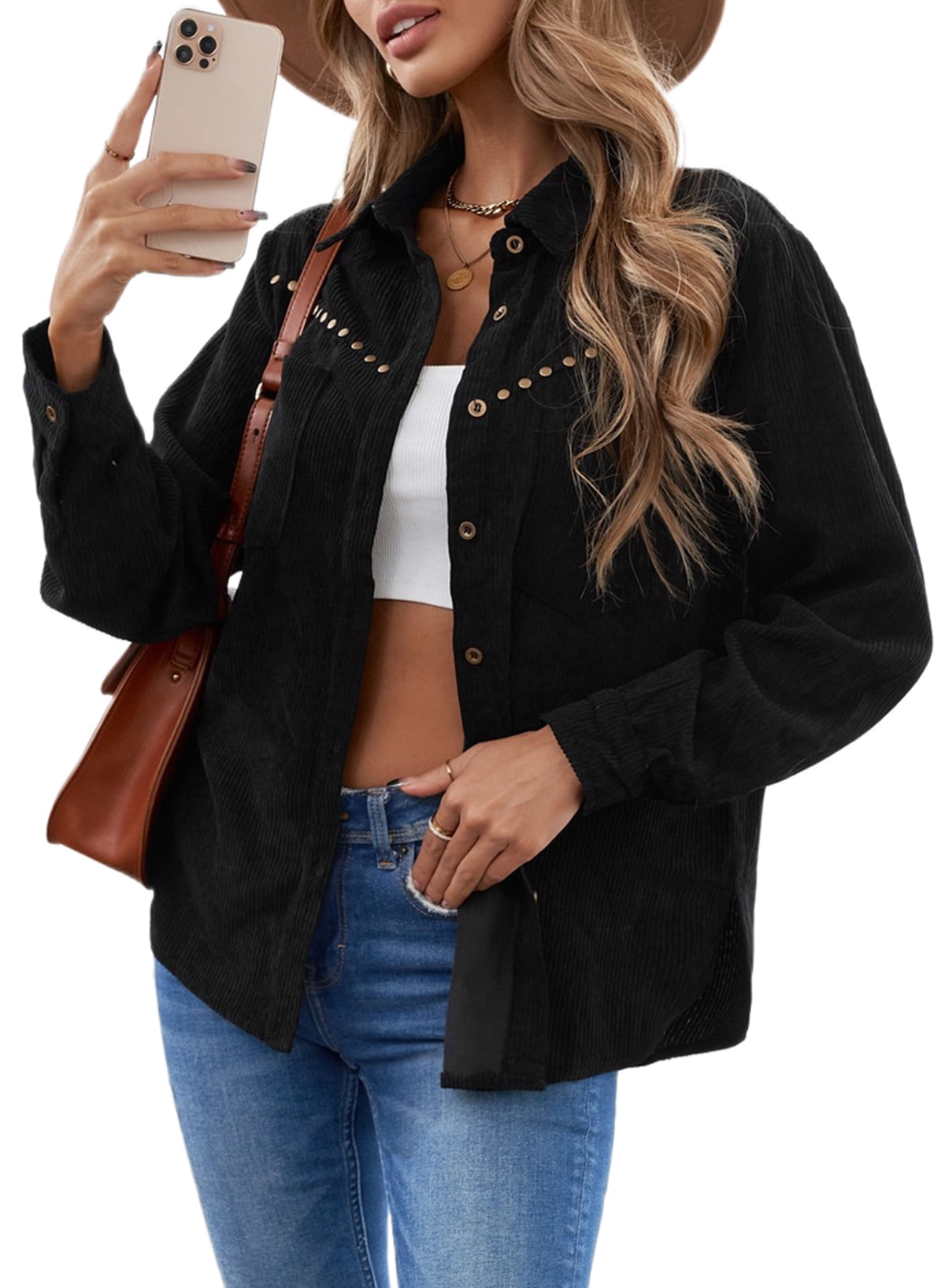 Asyoly Women Corduroy Velvet Shacket Long Sleeve Button Down Solid ...