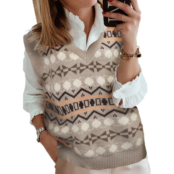 Asyoly Women Knit sweater Vest V Neck Color Block Vintage Sleeveless Sweater Pullover Oversized Knitwear Tank Top